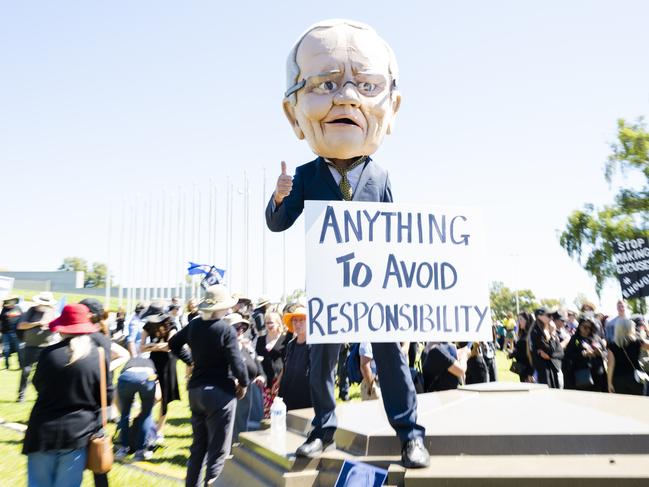 Scott Morrison was personally targeted by protesters at the March 4 Justice rally in Canberra yesterday. Picture: Getty Images