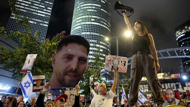 Demonstrators at a protest outside Israeli Defence Ministry headquarters in Tel Aviv this week, calling call for action to release the remaining Israeli hostages held captive in Gaza. Picture: Jack Guez / AFP