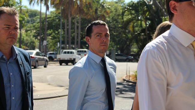 Zach Rolfe and his legal team arrive at the Supreme Court in Darwin in July. Picture: Jason Walls