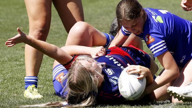 Collegians' Imogen Lowe gets over the line to score a try. Picture: John Appleyard