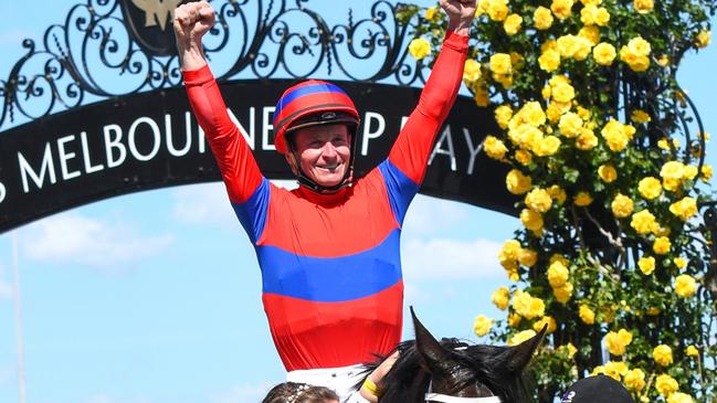 James McDonald celebrates after winning the Melbourne Cup with Verry Elleegant. Picture: Getty Images