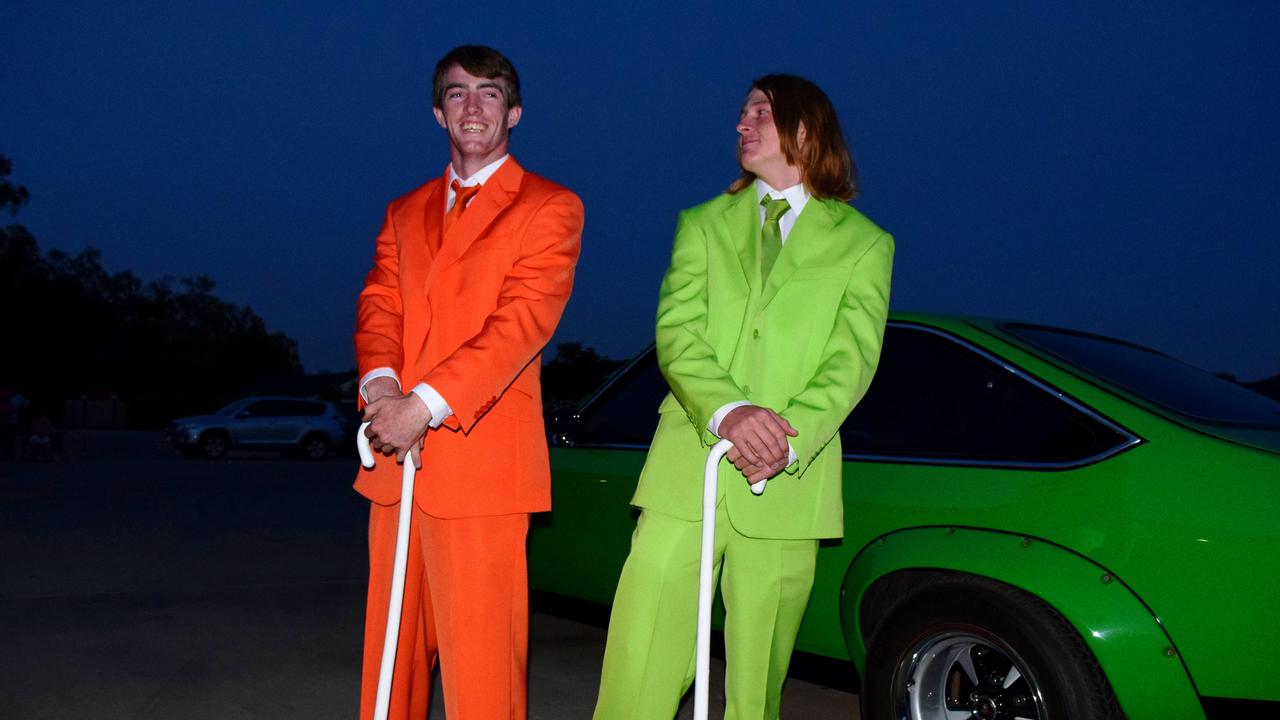 Mates Keegan "Sheds" Ferguson and Jesse Hughes go for the bizarre approach at the Roma State College formal. Photo Tom Gillespie / The Western Star