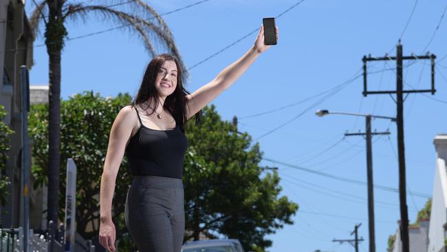 Alice Norton waits for an Uber in Sydney. Picture: Simon Bullard