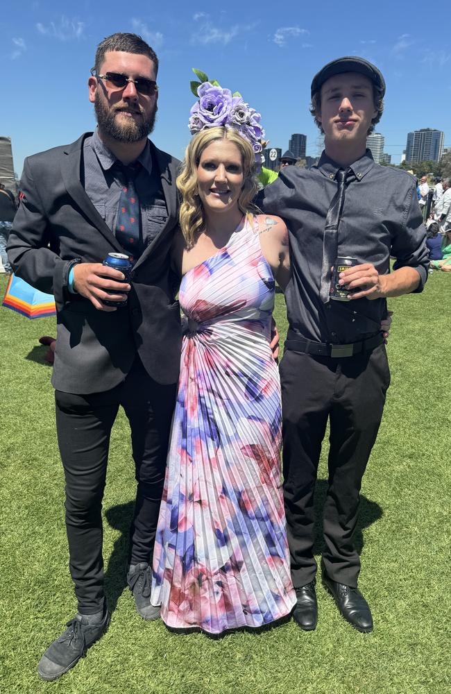 Brad Durrington, Roxanne Martin and Billy Hay at the Melbourne Cup at Flemington Racecourse on November 5, 2024. Picture: Phillippa Butt