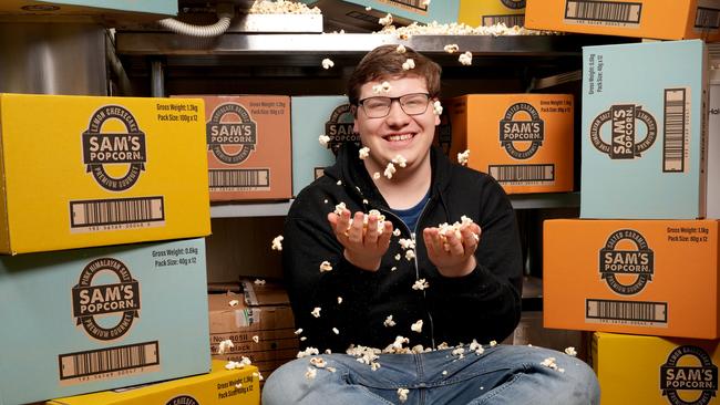 At 9 years old, Sam Weavers started his own popcorn business, Sam's Popcorn. Now at 17, his business has gone from strength to strength with his popcorn stocked in stores across SA. Sam has also raised thousands for cancer research. 16 November 2024. Picture Dean Martin