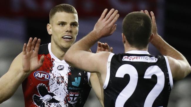 MELBOURNE, AUSTRALIA - MAY 29: Mason Wood of the Saints celebrates a goal  during the round 11 AFL match between the St Kilda Saints and the North Melbourne Kangaroos at Marvel Stadium on May 29, 2021 in Melbourne, Australia. (Photo by Darrian Traynor/Getty Images)