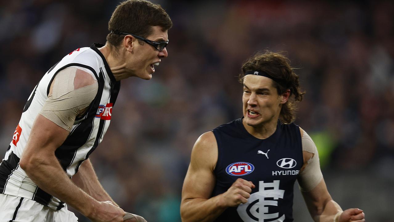 Stocker (R), struggled to break into the Carlton side after being drafted as a potential midfielder. (Photo by Daniel Pockett/Getty Images)