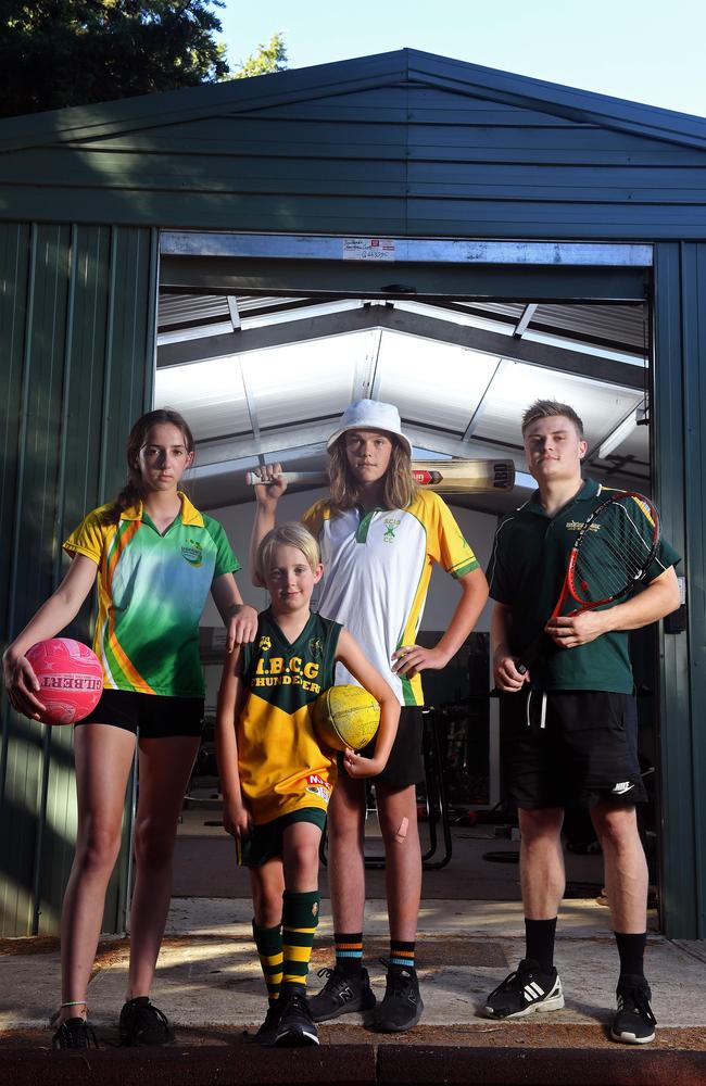 Cherry Gardens Ironbank Recreation Ground applied for a $480,621 grant for new change rooms. Pictured is netballer Molly, Footballer Callum, Cricketer Conor, and Tennis player Tom. Picture: Tom Huntley