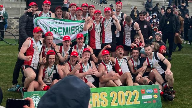 Koroit celebrate winning their seventh straight grand final. Picture: Koroit Football Club.