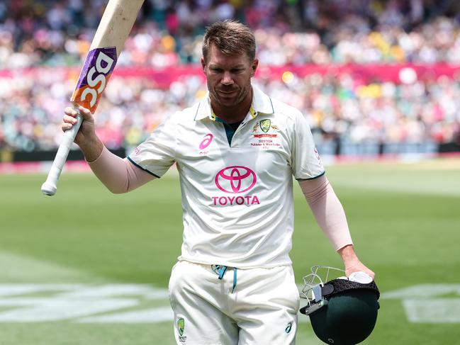 Warner leaves the crease for the final time during his farewell Test match. Picture: Pete Dovgan/Speed Media/Icon Sportswire via Getty Images