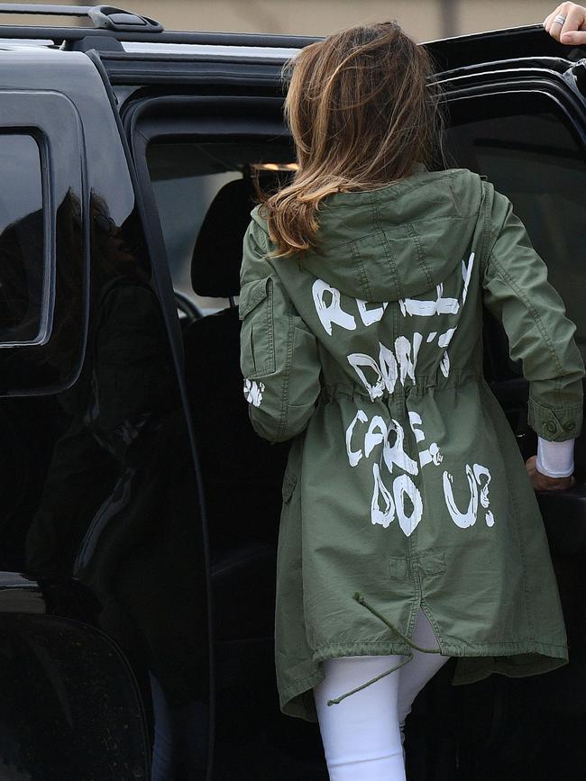 Mrs Trump wearing a jacket emblazoned with the words "I really don't care, do you?" following a visit with child migrants on the US-Mexico border.