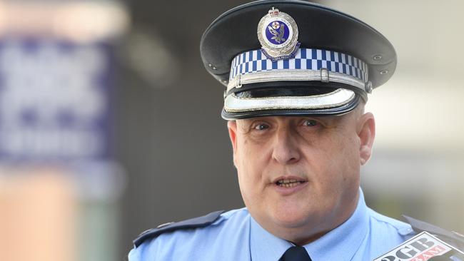 Superintendent Adam Whyte speaks to the media after an aggravated home invasion. Picture: Tracey Nearmy/Daily Telegraph