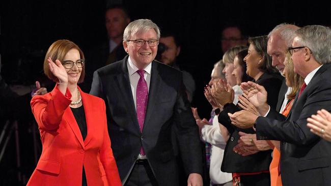 Former Prime Ministers Kevin Rudd and Julia Gillard greet the crowd during the Labor Campaign Launch in May 2019.