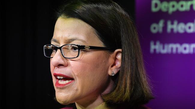 Victorian Health Minister Jenny Mikakos speaks to media during a press conference at the Department of Health and Human Services offices in Melbourne on Monday.