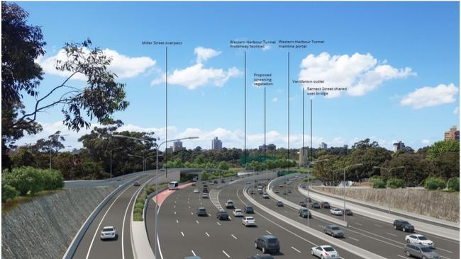 A concept plan of the Western Harbour Tunnel, viewed from the Miller St bridge