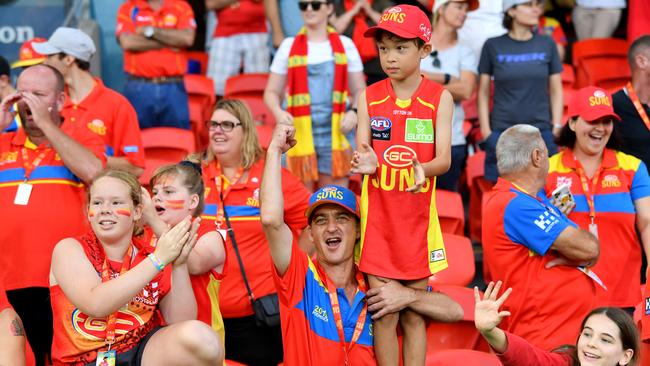 Suns fans are seen during the Round 3 AFLW match between the Gold Coast Suns and Brisbane Lions at Metricon Stadium on the Gold Coast, Saturday, February 22, 2020 (AAP Image/Darren England)