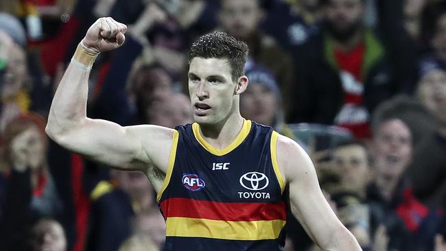 Josh Jenkins celebrates another goal for the Crows at Adelaide Oval. Picture Sarah Reed