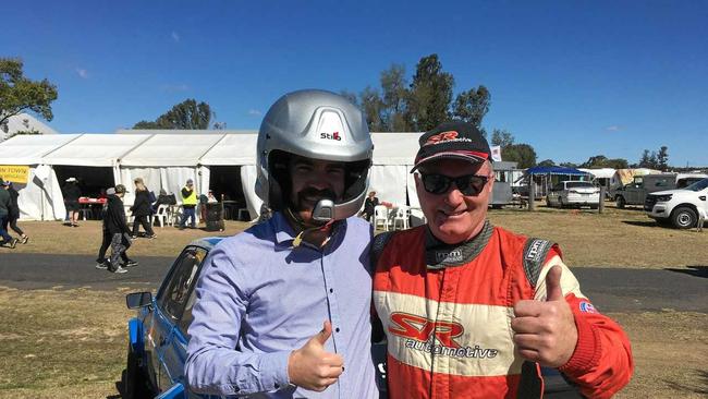 Sean Teuma with driver Stewart Reid at the Leyburn Sprints. Picture: Contributed