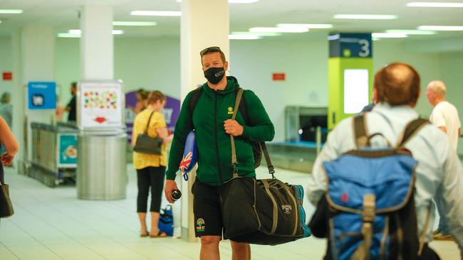 Aaron Marjoram won't have to quarantine as QF842 from Brisbane arrives. Picture GLENN CAMPBELL