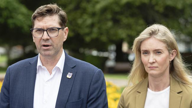 Toowoomba Regional Council mayor Geoff McDonald and deputy mayor Rebecca Vonhoff at a press conference to announce an interim CEO, Tuesday, February 4, 2025. Picture: Kevin Farmer