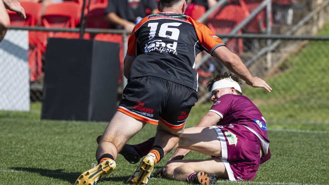 Matthew Drews gets a try for Dalby against Southern Suburbs in TRL U19 grand final rugby league at Toowoomba Sports Ground, Saturday, September 14, 2024. Picture: Kevin Farmer