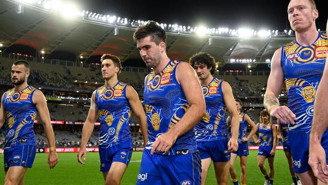 Andrew Gaff (middle) and the Eagles trudge from the field after another defeat. Picture: Getty Images