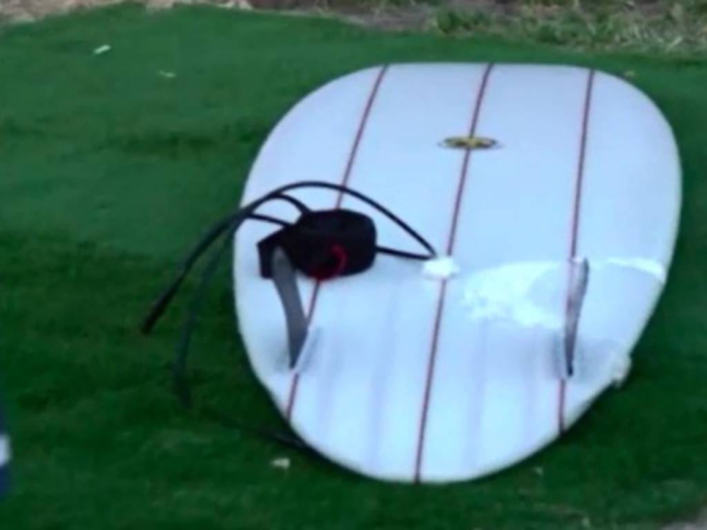 Nick Slater's surfboard shows the mammoth bite of the shark that killed him. Picture: Channel 9