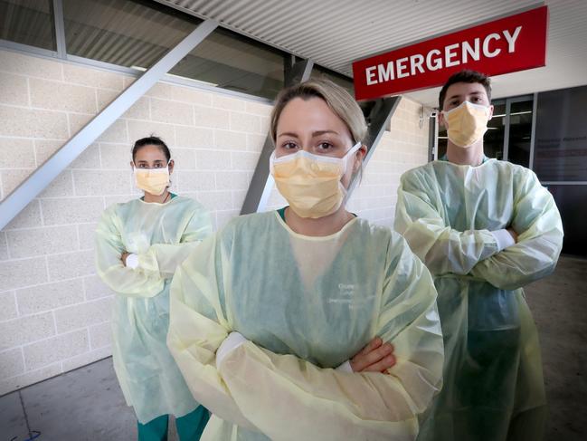 Carona Angels  at PA Hospital picture (left to right) Sarah Borg aged 32Acting nurse educator for COVID-19, Claire Ward aged 36 Acting clinical nurse consultant for COVID-19 and John Ash aged 30Acting clinical nurse consultant for COVID-19 first point of contact to the Caronavirus patents Pic Jamie Hanson