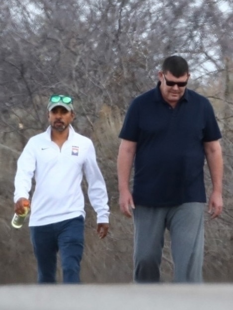 Mr Packer steps out for a workout with his friend in Aspen. Picture: Nemo/Backgrid