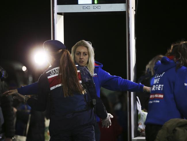 A woman is checked by Turkish military police at a security checkpoint in order to enter the dawn service ceremony at the Anzac Cove beach. Picture: AP