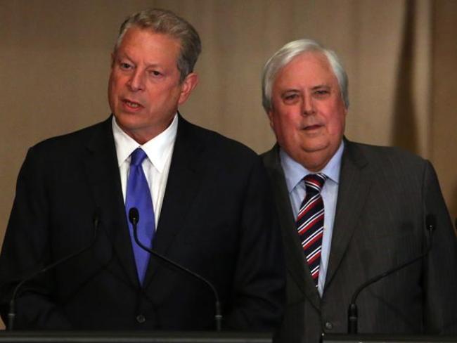 Former US vice-president Al Gore holds a press conference with Clive Palmer at Parliament House last night.