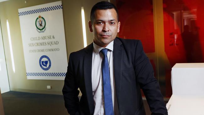 Pictured at NSW Police Force Headquarters in Parramatta is Detective Senior Constable Antonio Alfaro from Strike Force Trawler. He is part of a team hunting down loathed paedophiles by infiltrating dark web communities and carry out high profile arrests when they emerge to meet their would-be victims. Picture: Richard Dobson