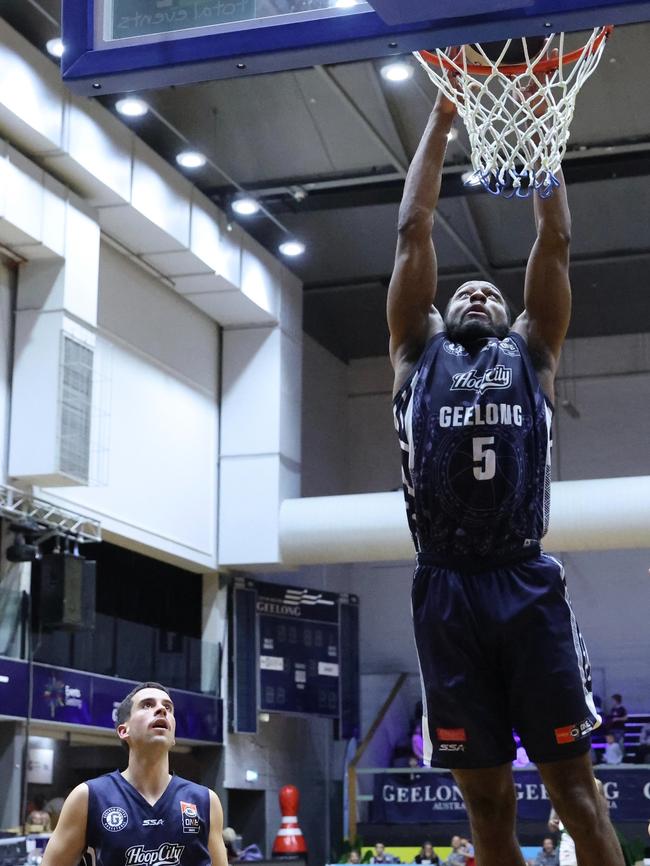 Demarcus Gatlin shot 28 points against Dandenong including a crowd-pleasing dunk. Picture: Marcel Berens.