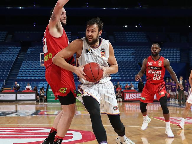 Sydney Kings star Andrew Bogut drives to the basket against the Wildcats on Friday night. Picture: Getty Images