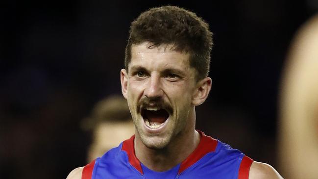 MELBOURNE, AUSTRALIA - APRIL 17: Tom Liberatore of the Bulldogs celebrates a goal  during the round five AFL match between the Western Bulldogs and the Gold Coast Suns at Marvel Stadium on April 17, 2021 in Melbourne, Australia. (Photo by Darrian Traynor/AFL Photos/via Getty Images)