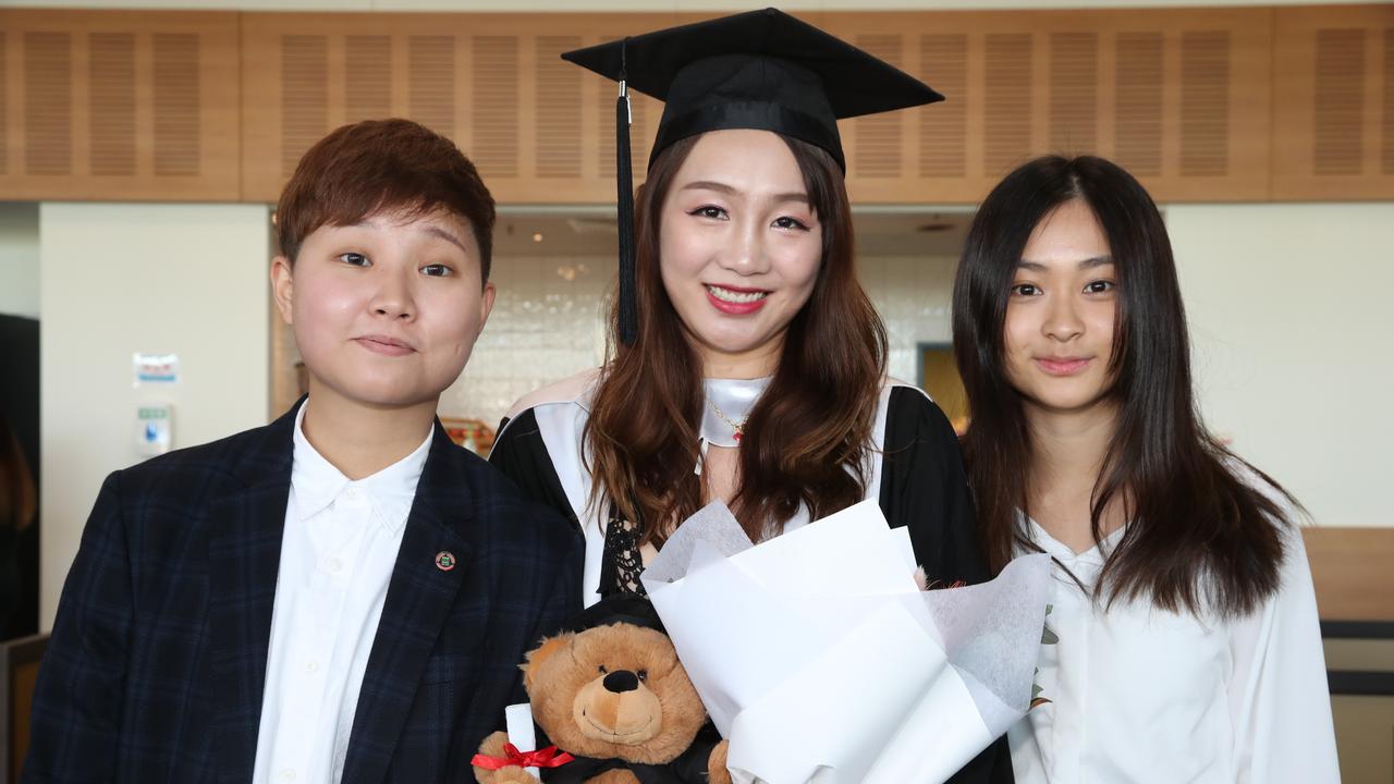 Griffith business school graduation at Gold Coast Convention Centre. Terri Wang, Molly He and Janice Gian. Picture Glenn Hampson