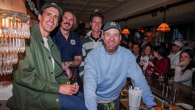 Comedians and TV hosts Hamish Blake and Andy Lee have cracked a cold one in Manhattan. From left to right: Andy Lee, Eddy Buckingham, Nick Stone, Hamish Blake. Picture: Matt Davies