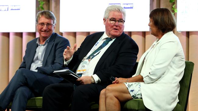 Barry Irvin and David Williams,speak to Sue Neales at the Global Food Forum in Sydney in 2019. Picture: Hollie Adams for The Australian