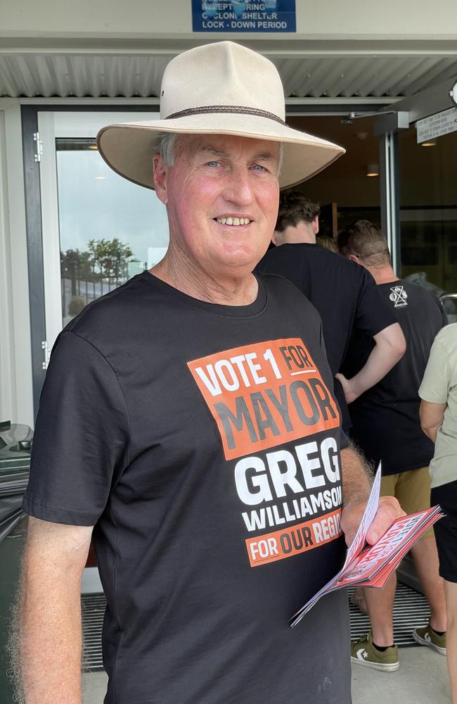 Incumbent mayor Greg Williamson hands out his how to vote cards at the entrance to Northern Beaches State School on election day, Saturday, March 16, 2024. Photo: Fergus Gregg