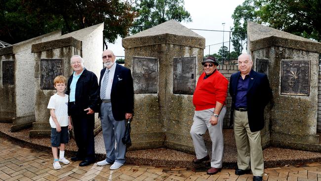 Lawrence Dimech and Lino Vella (second and third from left) at the Maltese monument at Pendle Hill's Civic Park in 2013.