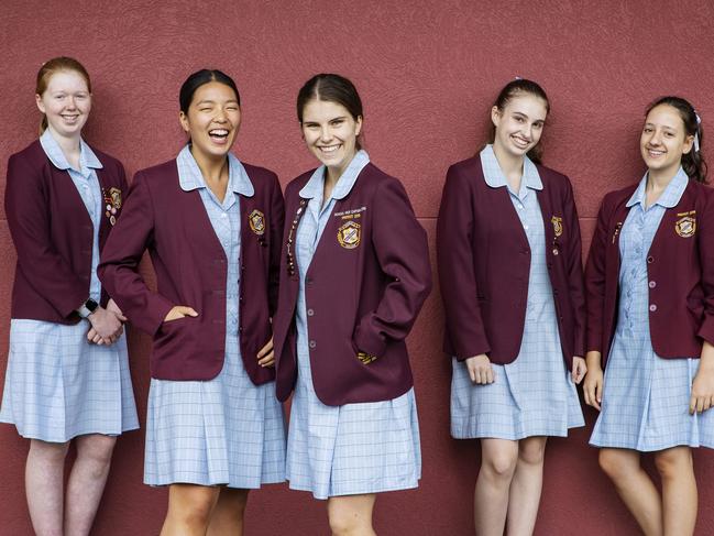 07/03/2019: Senior advanced maths students at Roseville College (L-R) Sophie Doherty, 16, Angela Dong, 16, Amy Psaltis, 17, Caitlin Baksa, 16, and Olivia Filipe, 16. The percentage of girls studying advanced maths in senior secondary school has declined again, down to less than 7 per cent last year (compared to 12 per cent of boys). Hollie Adams/The Australian