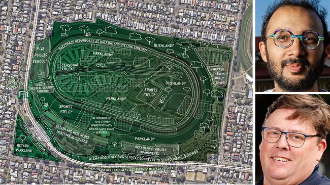 Greens lord mayoral candidate Jonathan Sriranganathan (top right) is campaigning to turn Eagle Farm racecourse into a social housing development, angering Racing Queensland boss Jason Scott (bottom right). Pictures: File