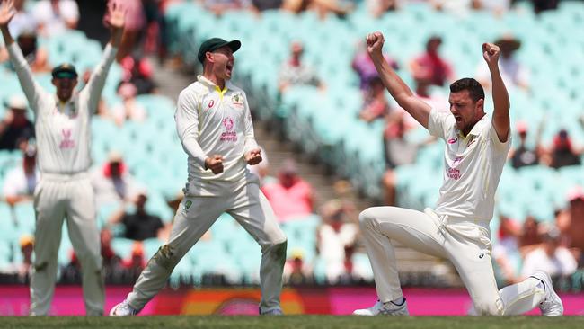 Josh Hazlewood celebrates dismissing Keshav Maharaj. PIcture: Getty