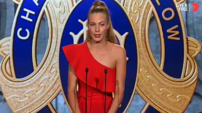 Matisse Stynes, daughter of the late Jim Stynes at the 2017 Brownlow. Picture: Channel 7