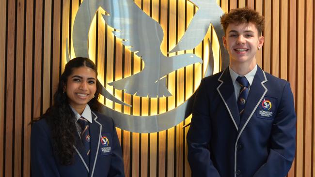 Norwood International High School captains Varshaa Raghuram Bose and Connor D’Andrea. Picture: Supplied.