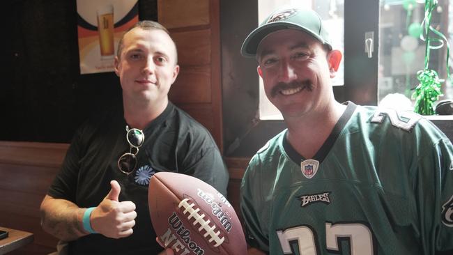 Enjoying the Super Bowl party at Tailgate Sports Bar in the Toowoomba CBD are (from left) Tim Hoscock and Pierce Siebenhausen.