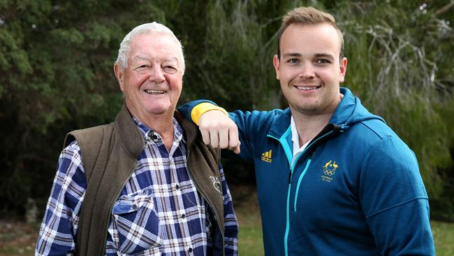 Redcliffe Olympic shooter Paul Adams with coach and grandad, Ian Mathieson who introduced him to the sport. Picture: Chris Higgins