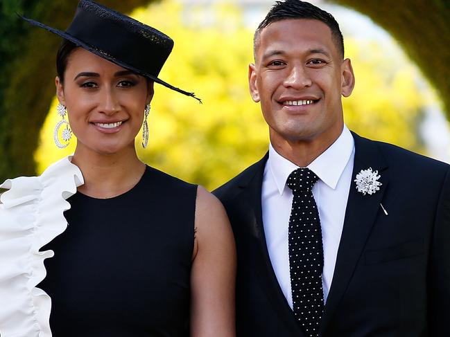 MELBOURNE, AUSTRALIA - NOVEMBER 04:  Maria Tutaia and Israel Folau pose at The Park on AAMI Victoria Derby Day at Flemington Racecourse on November 4, 2017 in Melbourne, Australia.  (Photo by Daniel Pockett/Getty Images for the VRC)