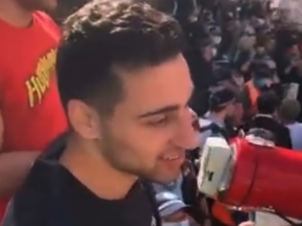 TikTok comedian Jon-Bernard Kairouz, who accurately ‘guessed’ the Covid numbers five days in a row, spoke to the crowd at the rally. Picture: Twitter