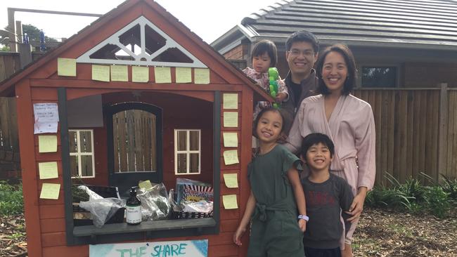 Give what you can, share what you need. A Camberwell family started sharing some items with their neighbours during the coronavirus via ‘the share house’. Pictured is Johanna Jonggowisastro and her husband Suka with children Claire, Chloe and Boston. Picture: Geordie Cowan